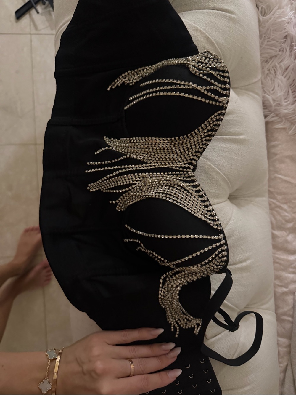 Black Strapless Bustier Top with Silver Crystal Fringe